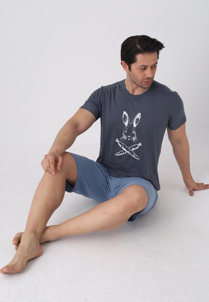 Pijama barbat cu maneca scurta si pantaloni 3/4, culoare gri inchis, Engros